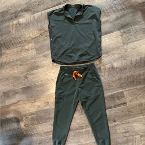 Figs Olive Green Rafaela scrub Top and Zamora Jogger scrub pants